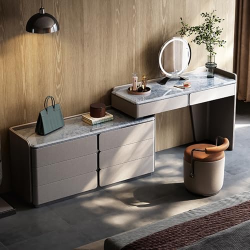 YZABEL L Shaped Vanity Desk with Storage Cabinets and 2 Drawers, 47" Natural Marble Top Dressing Table with Smart Mirror and Makeup Stool for Makeup Room, Home Office, Bedroom