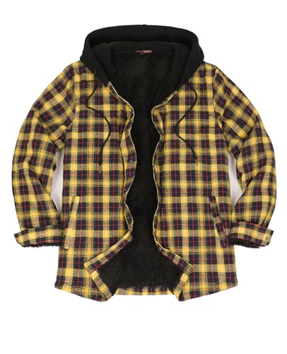 Men's Sherpa Lined Flannel Shirt Jacket,Snap Button Winter Lounge Plaid Shacket with Hood Gosling Yellow XL