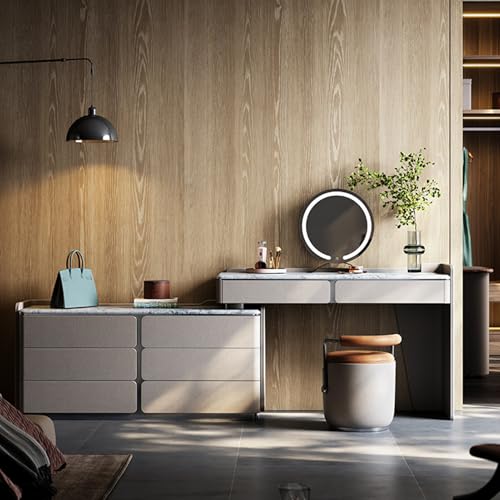 YZABEL L Shaped Vanity Desk with Storage Cabinets and 2 Drawers, 47" Natural Marble Top Dressing Table with Smart Mirror and Makeup Stool for Makeup Room, Home Office, Bedroom