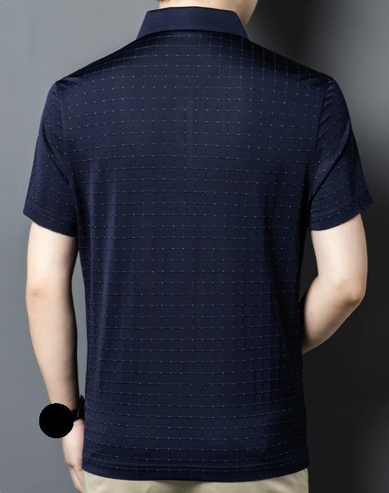 Mens Silk Short Sleeve Polo Shirts Summer Lightweight Collared Business Fashion Casual T Shirt(Dark Blue,XX-Large)