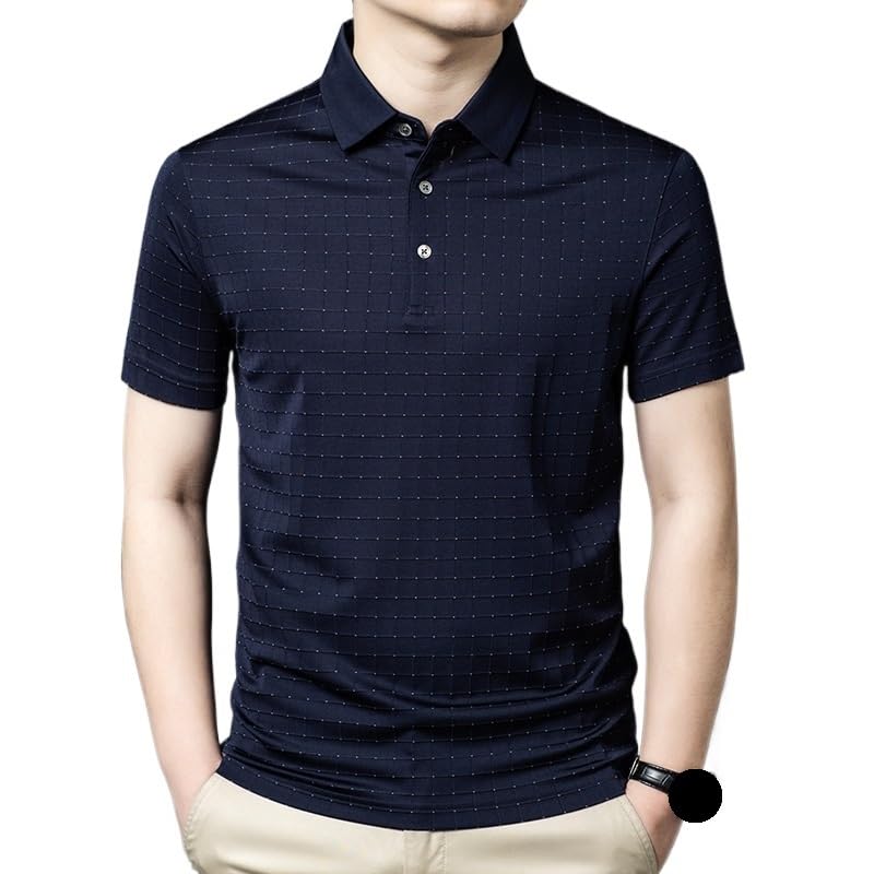 Mens Silk Short Sleeve Polo Shirts Summer Lightweight Collared Business Fashion Casual T Shirt(Dark Blue,XX-Large)