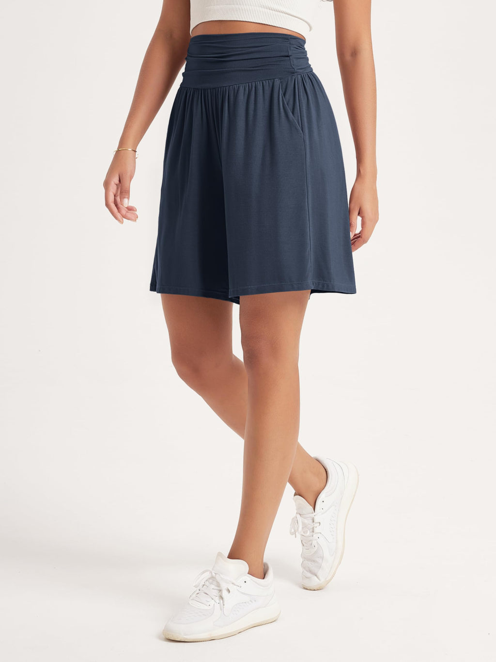 ODODOS Women's Wide Leg Lounge Shorts with Pockets Lightweight Soft Relaxed Casual Pajama Bottom-8" Inseam, Midnight, Large