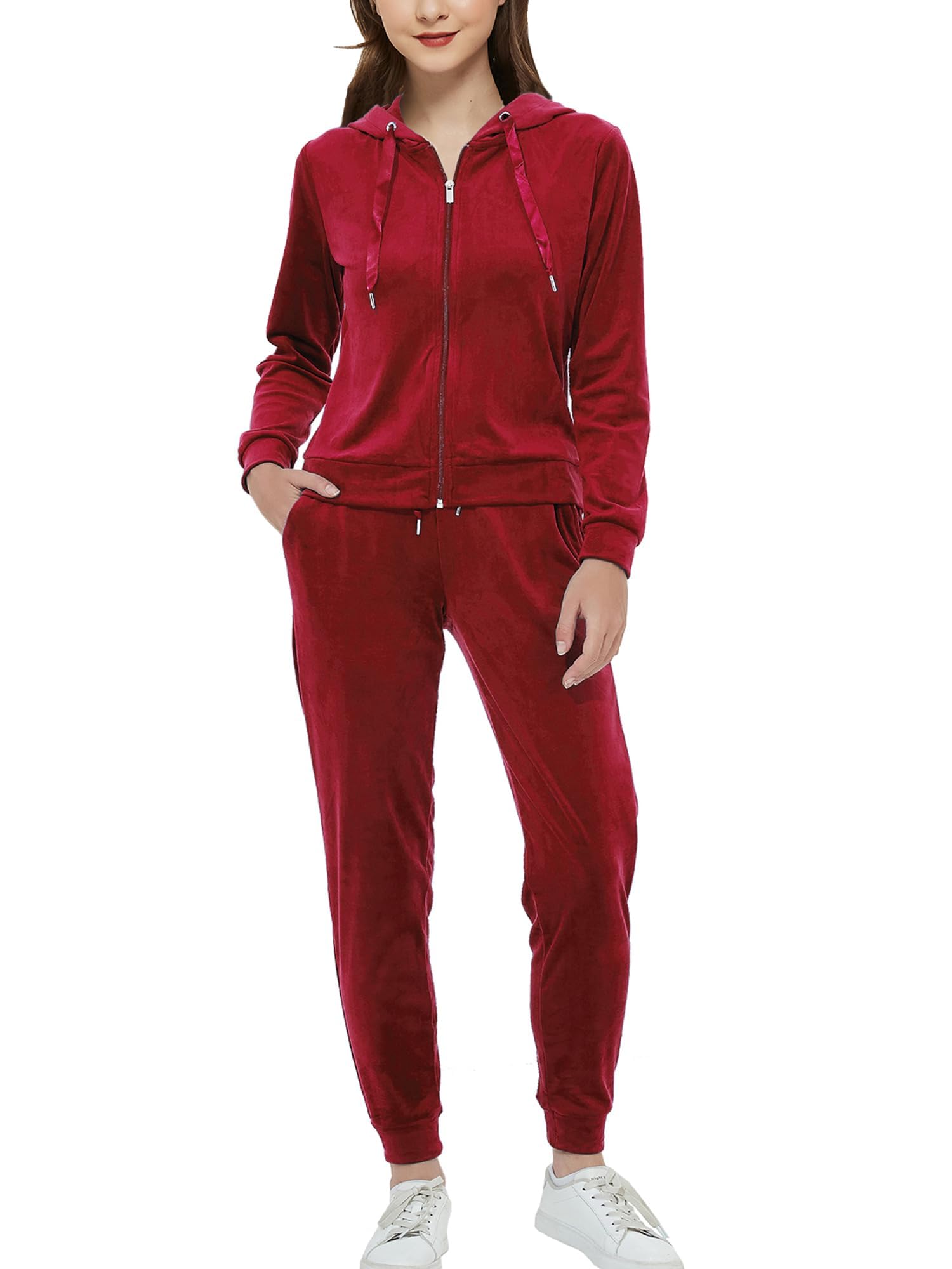 Woolicity Women's Sweatsuits Set 2 Piece Velour Full Zip Hoodie Tracksuits Sportswear with Pocket Red Wine M