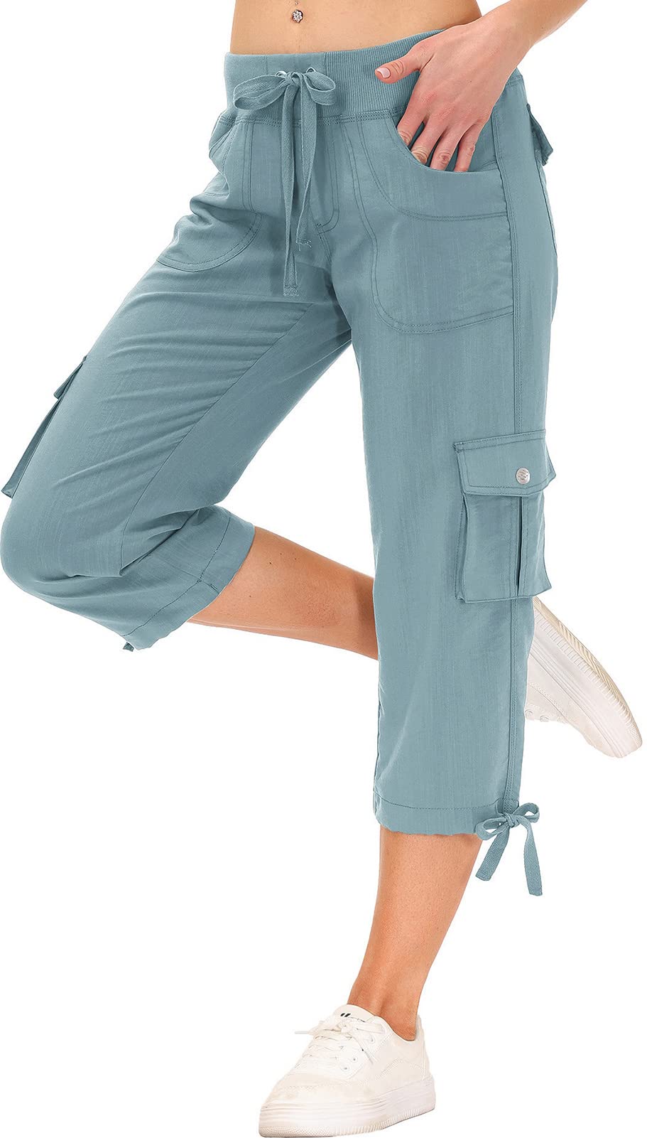 MoFiz Womens Capris with Pockets Loose Fit Casual Capri Pants Dressy Lightweight Ladies Baggy Cargo Pants for Hiking Grey Blue