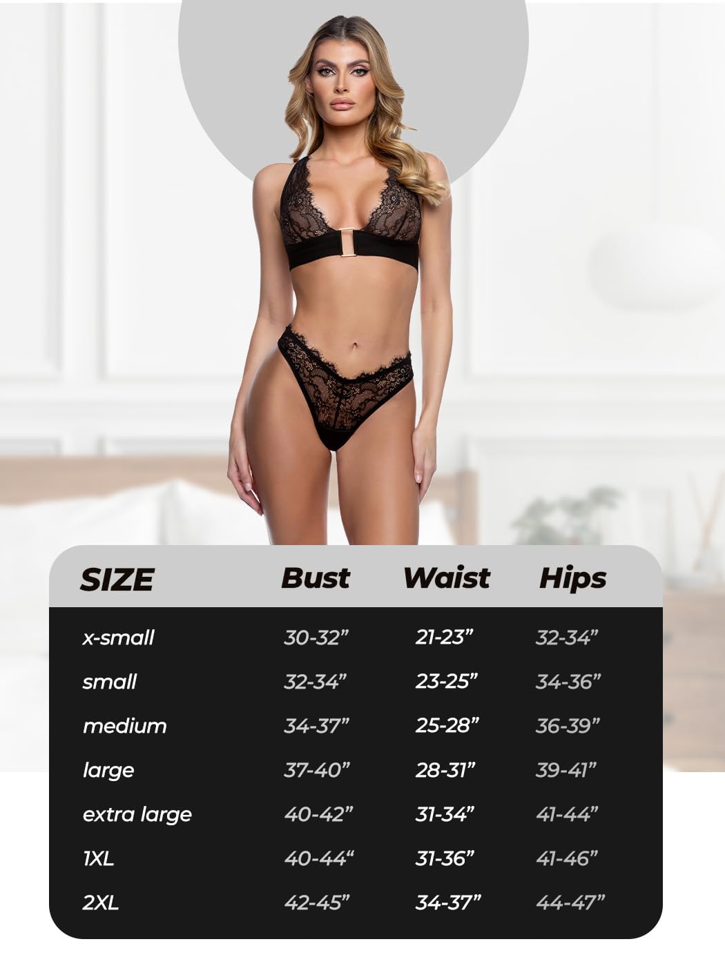 Bra and Panty Sets for Women: Roma Confidential Fever Dream 2 Piece Lace Bralette and Panty in Chantilly Eyelash Lace – Matching Deep Plunge Bra & V-Shape Thong Underwear Sexy Lingerie Set for Women