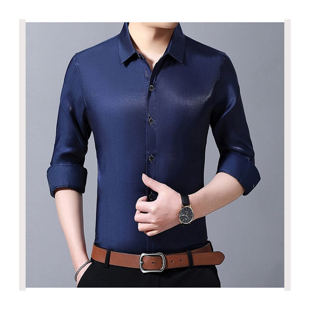 Satin Shirts Mens Ice Silk Shirts for MensShirt Light Long Sleeves Dresses Blouses Large Size(E,2XL)