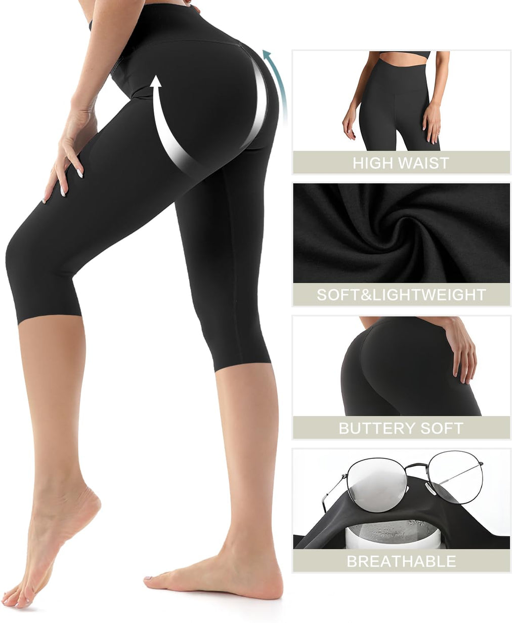 FEYHAY High Waisted 3 Pack Women's Capri Pants - Knee Length Yoga Shorts, Biker Workout Leggings for Women,Summer Activewear(Black/Pink/Orange Red, XXL)