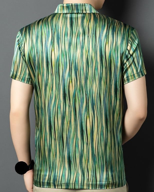 Mens Silk Short Sleeve Polo Shirts Summer Vintage Tie Dye Loose Fit Breathable Casual T Shirt(X-Large) Green