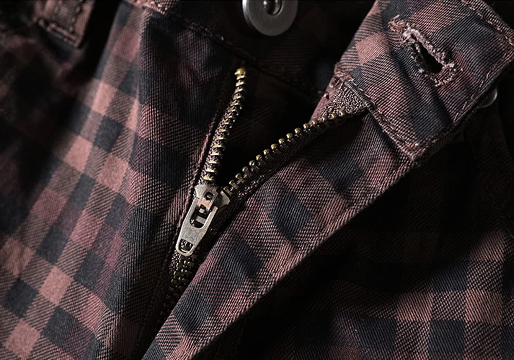 HENGAO Men's Regular Fit Plaid Chino Pants Jeans, Wine Red, 34