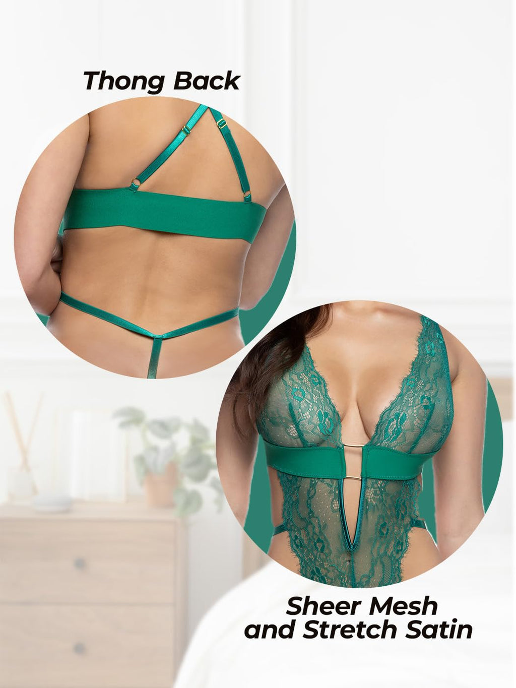 Roma Confidential Lace Teddy Lingerie for Women Fever Dream Sexy Teddy Bodysuit One Piece, Stretch Satin & Lace, Golf Green