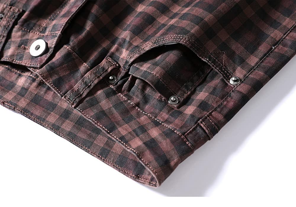 HENGAO Men's Regular Fit Plaid Chino Pants Jeans, Wine Red, 34