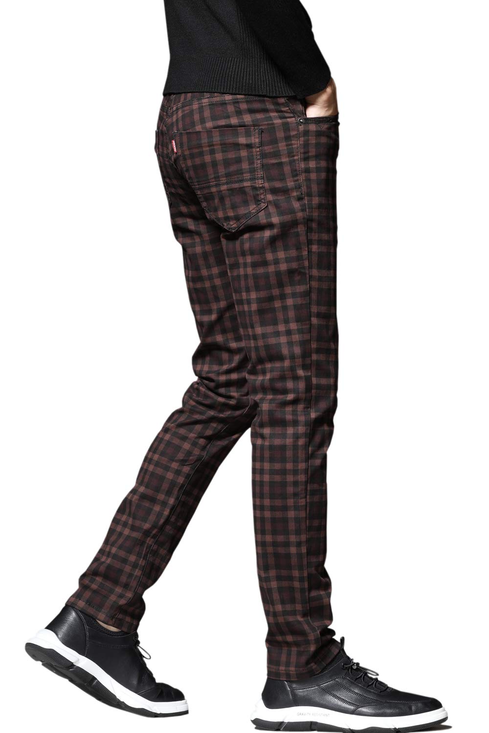 HENGAO Men's Regular Fit Plaid Chino Pants Jeans, Wine Red, 34