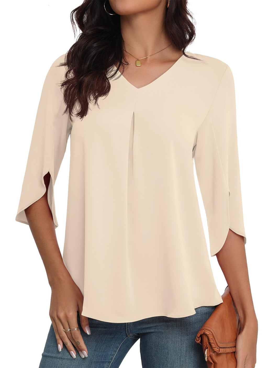 LAOLASI Summer Chiffon Blouses for Women 3/4 Sleeve V Neck Casual Dressy Blouses Work Cute Ladies Tops Shirts,Khaki,XL
