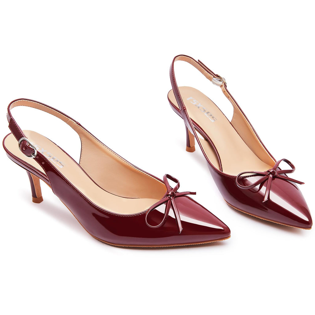 rsxses Women's Burgundy Slingback Kitten Heels Bow Pointed Closed Toe Stilettos Pumps Low Heel Wedding Dress Party Shoes Size 10