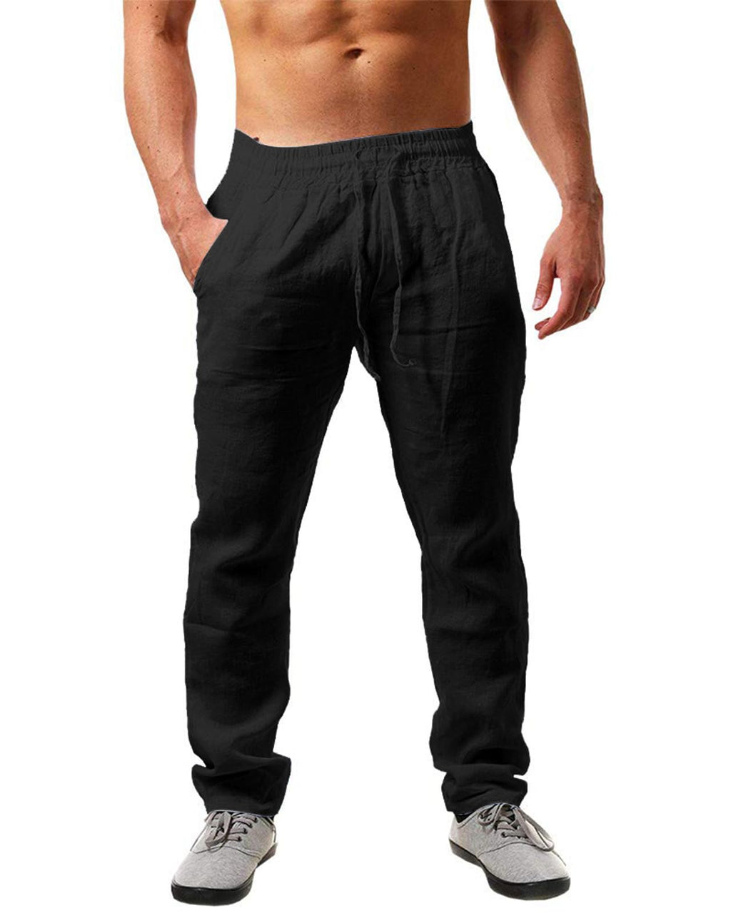Men's Linen Pants Summer Yoga Beach Baggy Trousers Loose Fit Straight-Legs Elastic Drawstring Waist Casual Pants Black