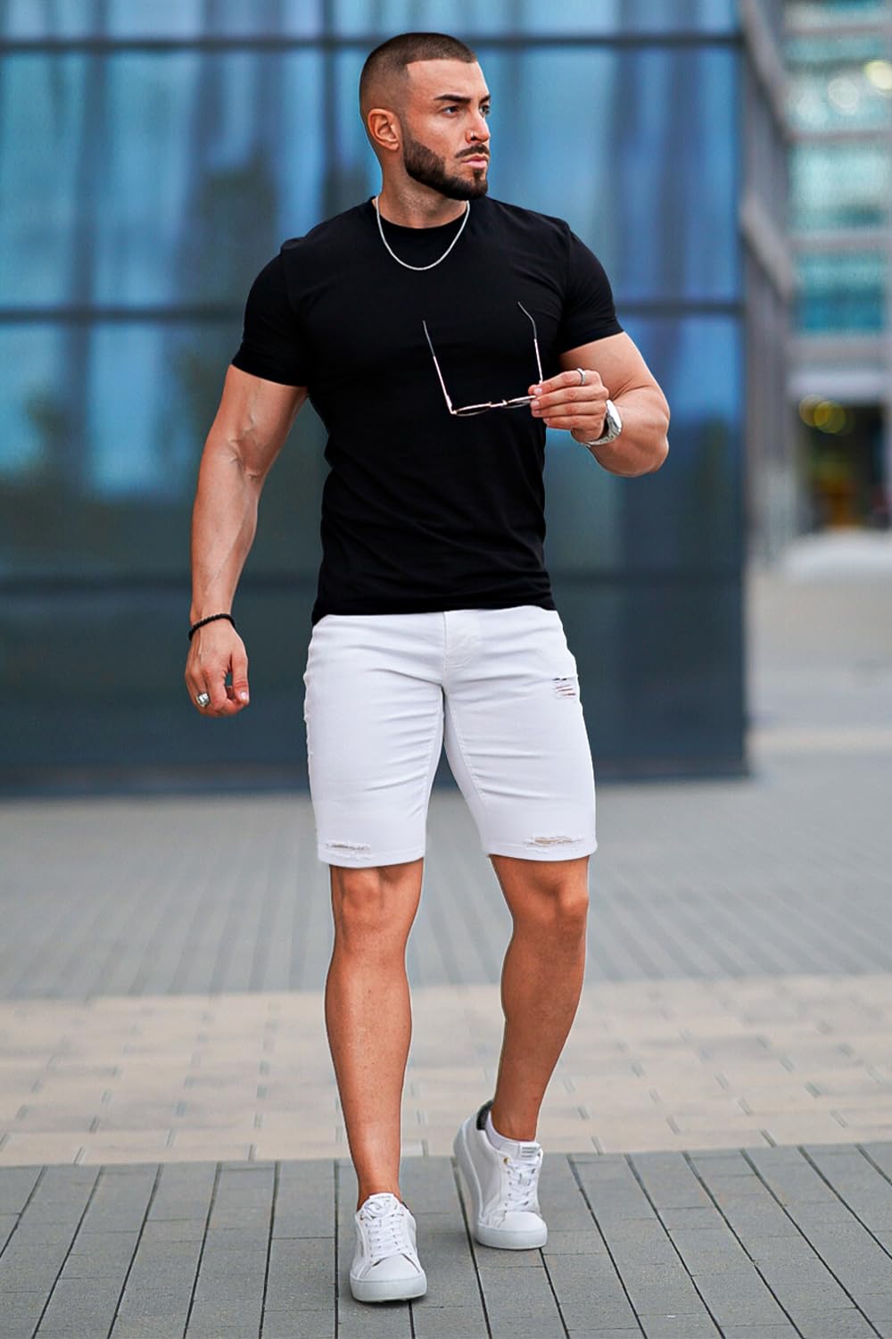 GINGTTO Mens Jean Shorts White Skinny Stretch Denim Shorts for Men Ripped 34