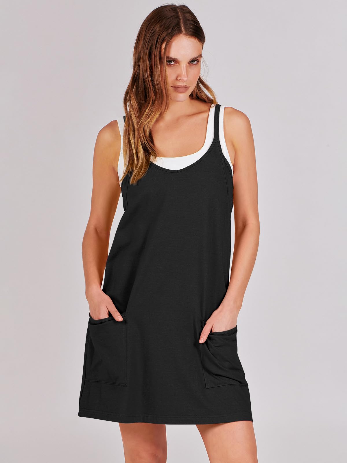 ANRABESS Women Athletic Dress Summer Tennis Workout Active Sports Mini Romper Dress Built in Shorts Travel Vacation Clothes Black Large