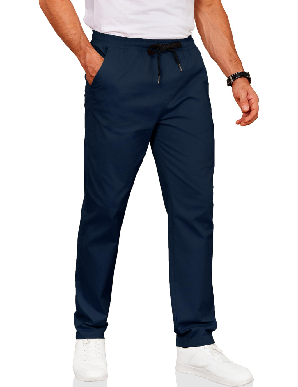 COOFANDY Mens Drawstring Cotton Pants Casual Pull On Leisure Pants Slim Fit Stretch Waist Band Slacks Spring 33x29 32x29 Navy Dark Blue