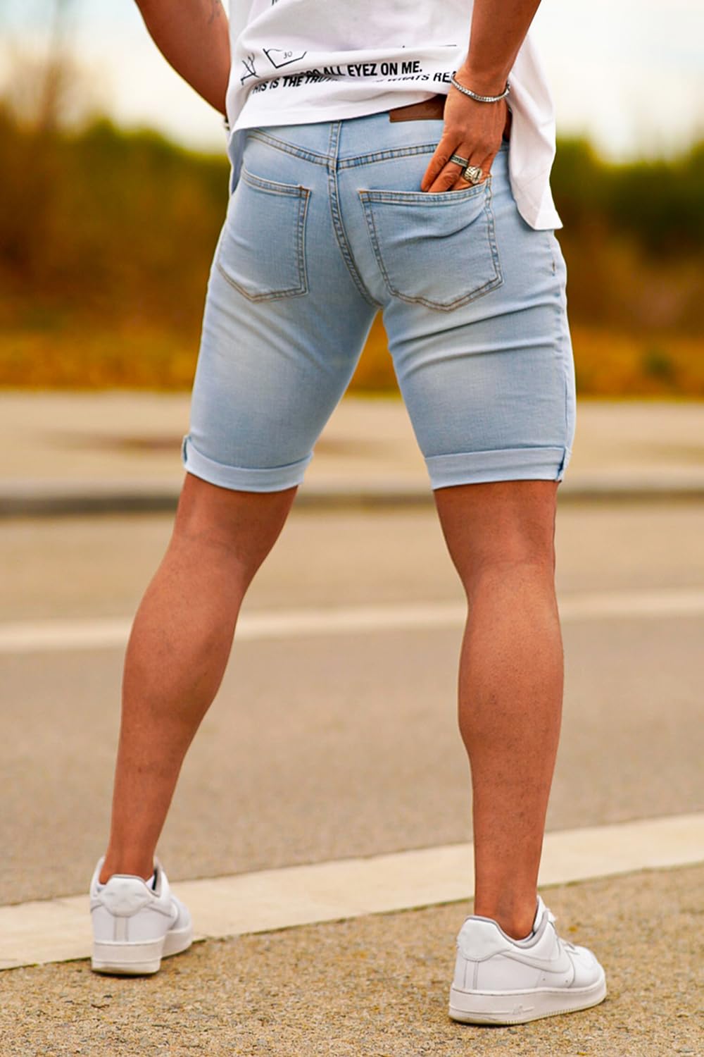 GINGTTO Mens Shorts Casual 7 Inch Inseam Shorts Jeans for Men Slim Fit Summer Light Blue 34