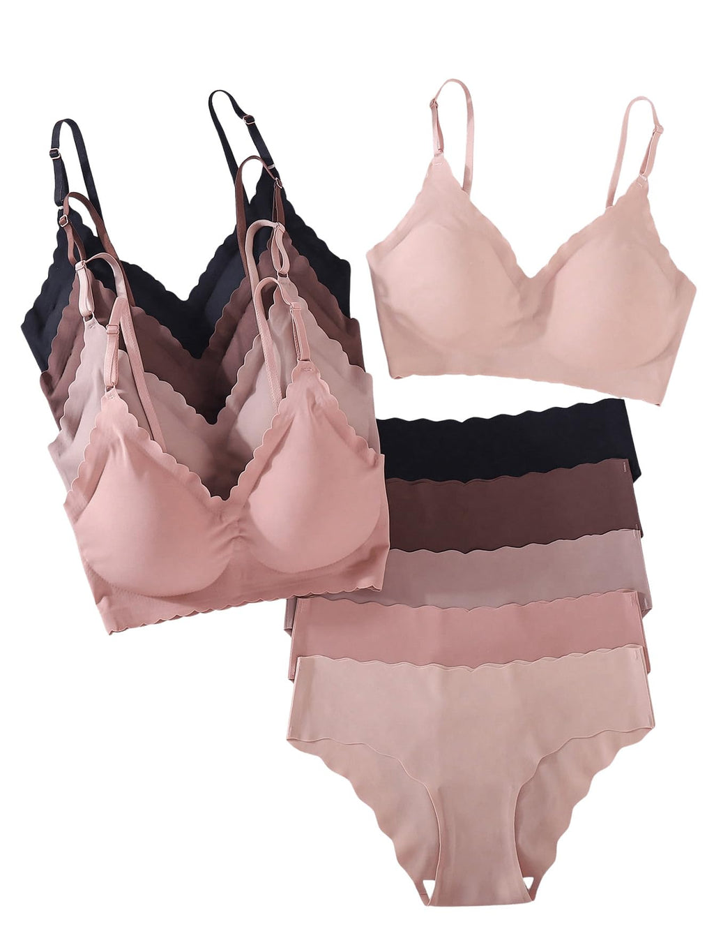 BEAUDRM Women's 5 Pack Seamless Lingerie Sets Scallop Trim Wireless Bralettes No Show Bra and Panty Sets Matching Underwear Multicolor Medium