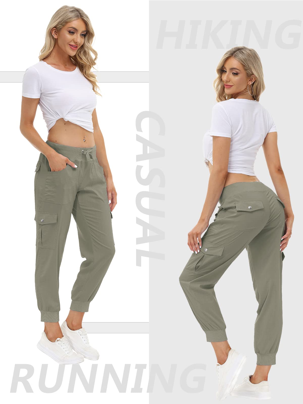 MoFiz Women's Hiking Pants Cargo Joggers Sweatpants with Pockets Lightweight Quick Dry Outdoor Summer Casual Athletic Elastic Waist Grey Khaki XS