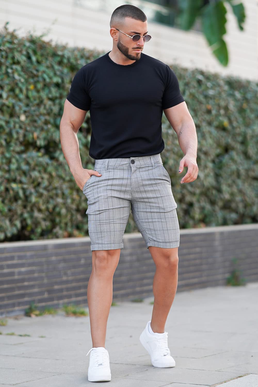 Mens Plaid Shorts Slim Fit Summer Casual Chino Short Pants (32, Grey Checked)