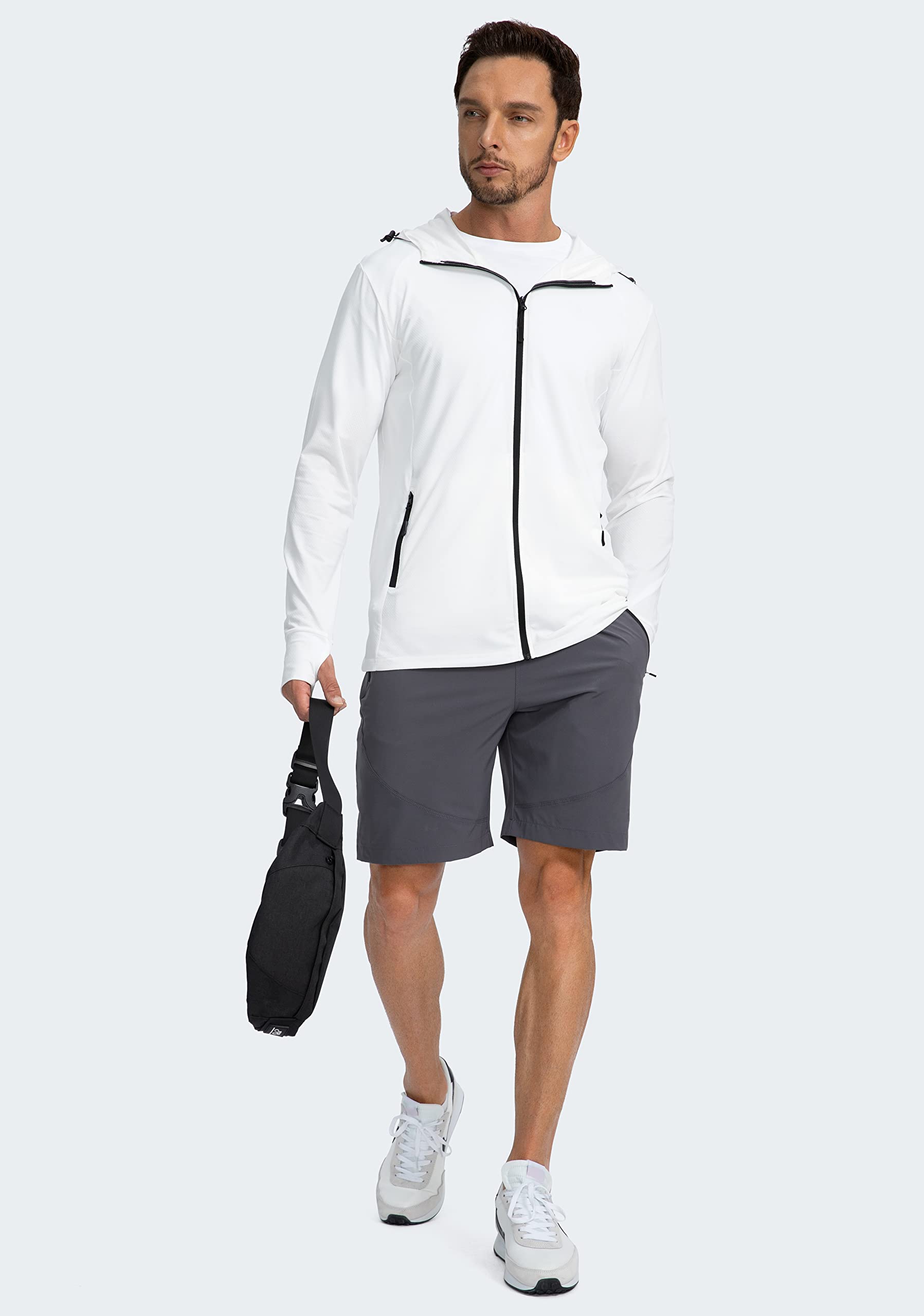 Men's UPF 50+ Light Jacket Full Zip Sun Protection Hoodie Long Sleeve Sun Shirts for Men Hiking Fishing Zip Pockets(White_L)
