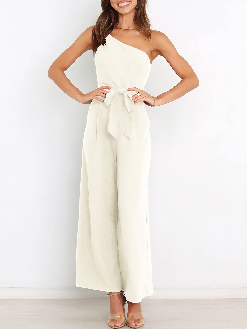 ANRABESS Women Summer Dressy Jumpsuits One Shoulder Sleeveless Casual Wide Leg Pants Romper Jumper 2025 Trendy Fall Outfits White Small