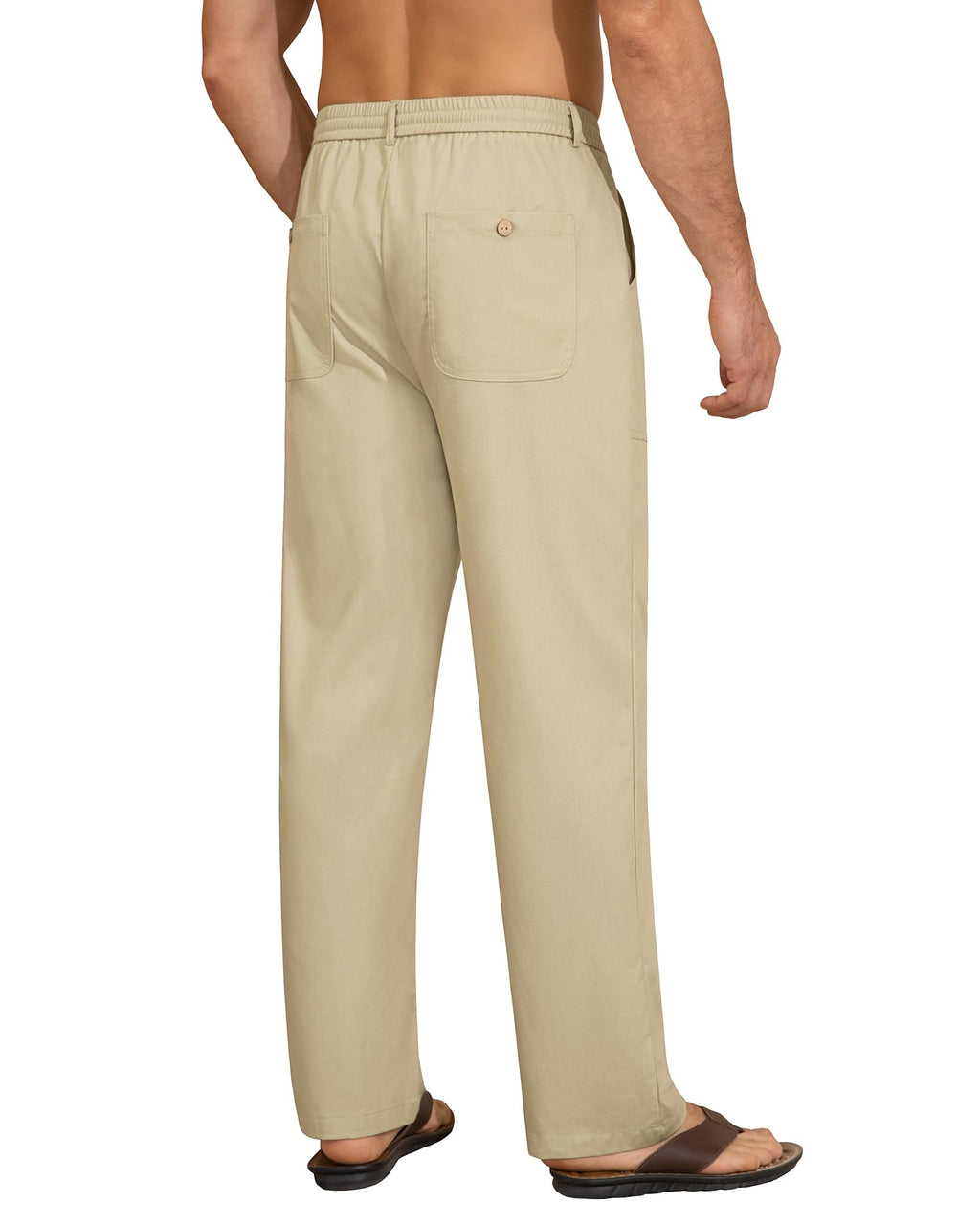 DOWMQ Mens Linen Pants Casual Elastic Waist Drawstring Pants Loose Straight Linen Pant Beach Trousers with 4 Pockets Khaki, M