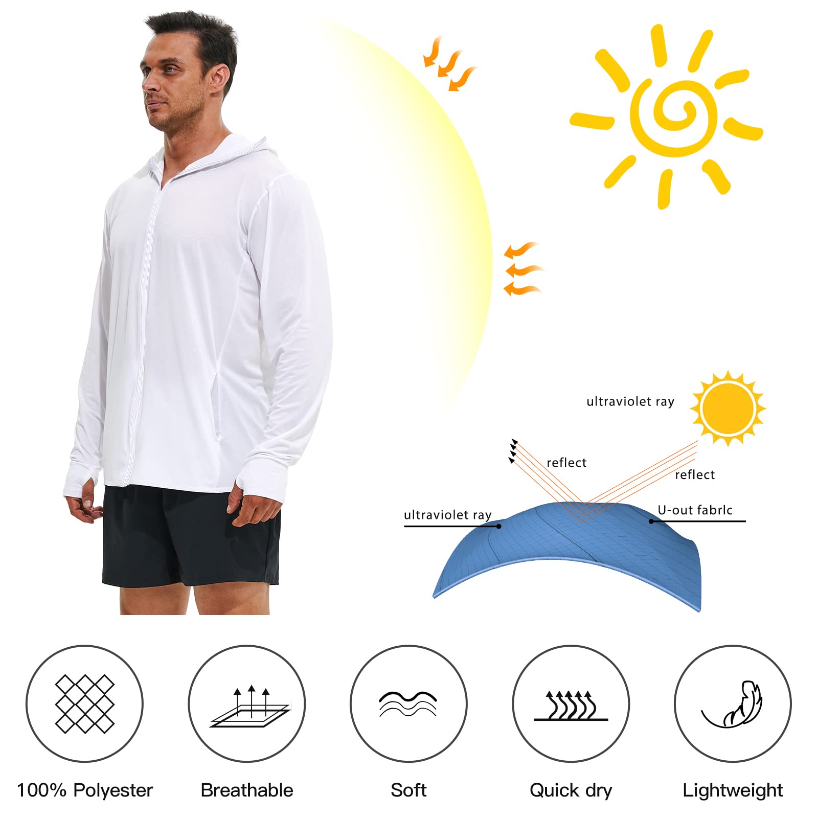 Men's Full Zip UPF 50+ Sun Protection Hoodie Long Sleeve Shirts with Pockets Light Jacket Lightweight Hoodies for Men White Medium