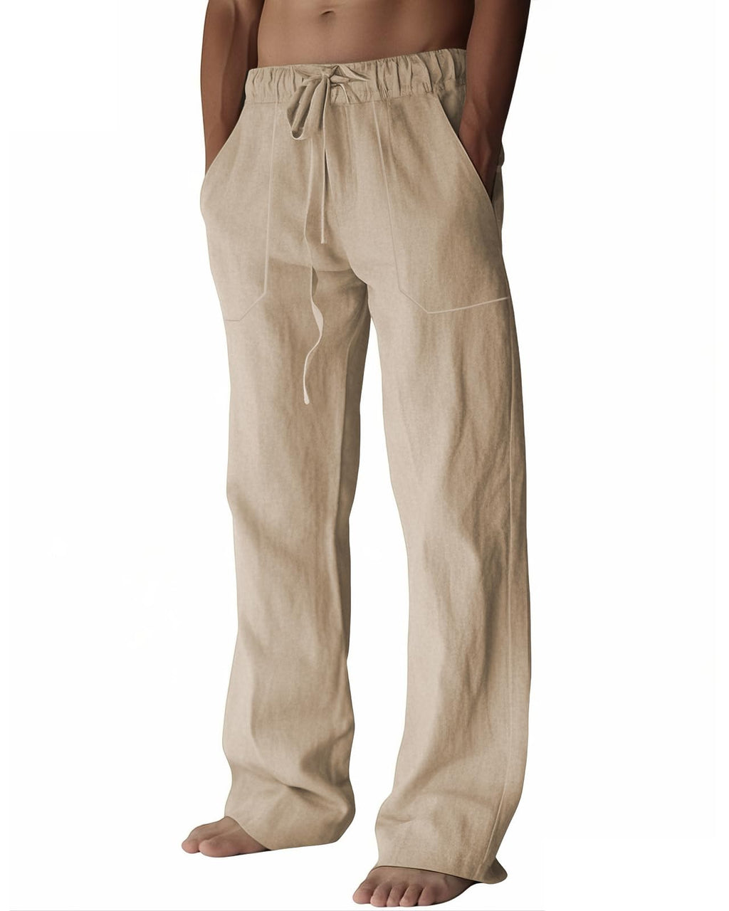Men's Linen Pants Summer Cotton Beach Trousers Casual Lightweight Elastic Drawstring Waist Yoga Pants