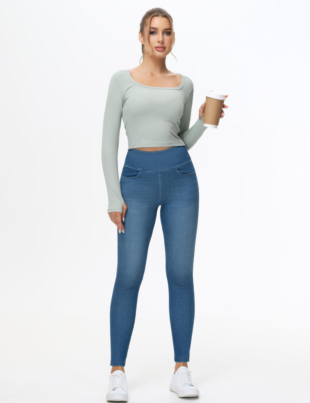 THE GYM PEOPLE Women's High Waisted Jeggings Pants Stretchy Tummy Control Skinny Jean Leggings with Pockets Denim Blue