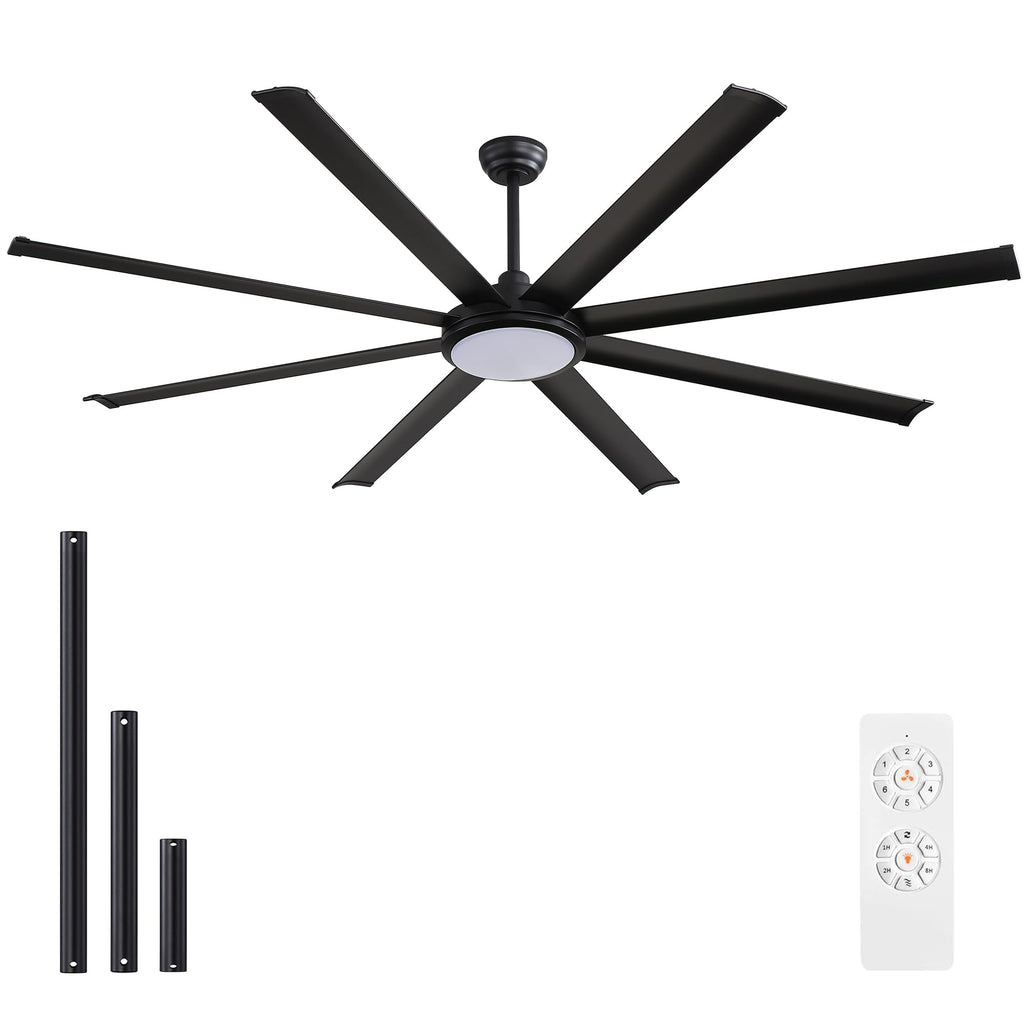 WINGBO 72 Inch Industrial Ceiling Fan with Light and Remote, 8 Aluminum Blades Ceiling Fan, 3CCT, 6-Speed Reversible Noiseless DC Motor for Kitchen Bedroom Living Room, Matte Black