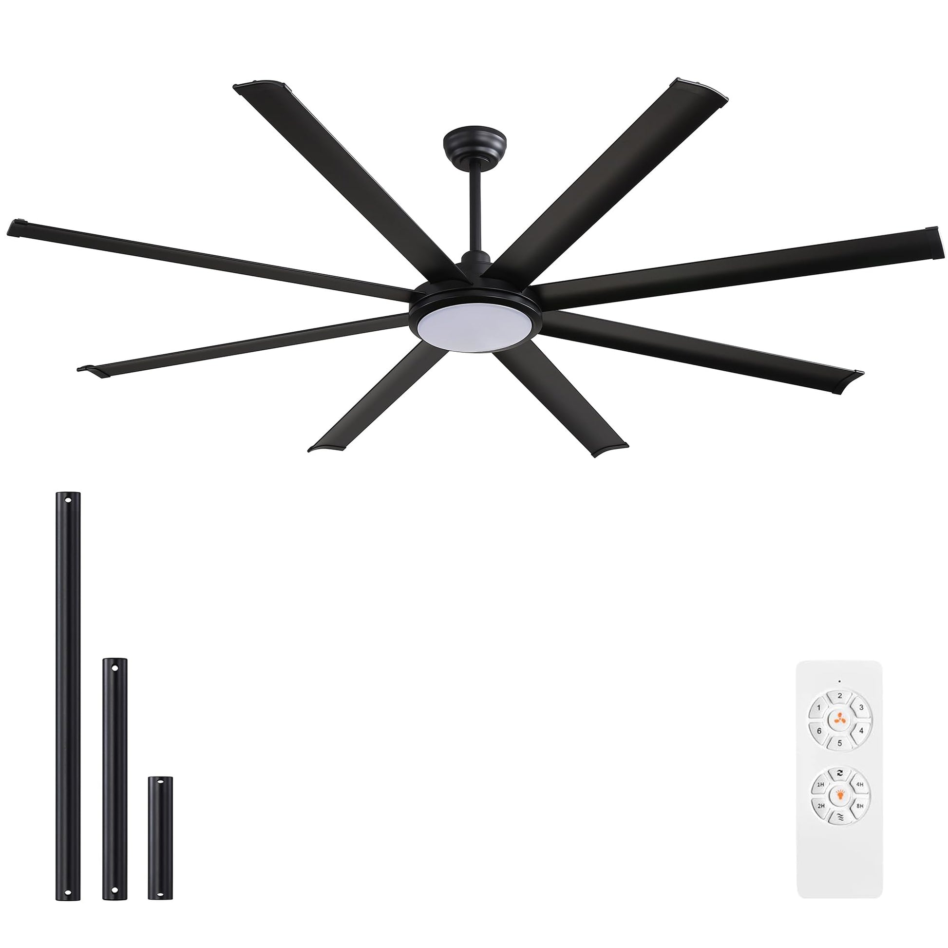 WINGBO 72 Inch Industrial Ceiling Fan with Light and Remote, 8 Aluminum Blades Ceiling Fan, 3CCT, 6-Speed Reversible Noiseless DC Motor for Kitchen Bedroom Living Room, Matte Black