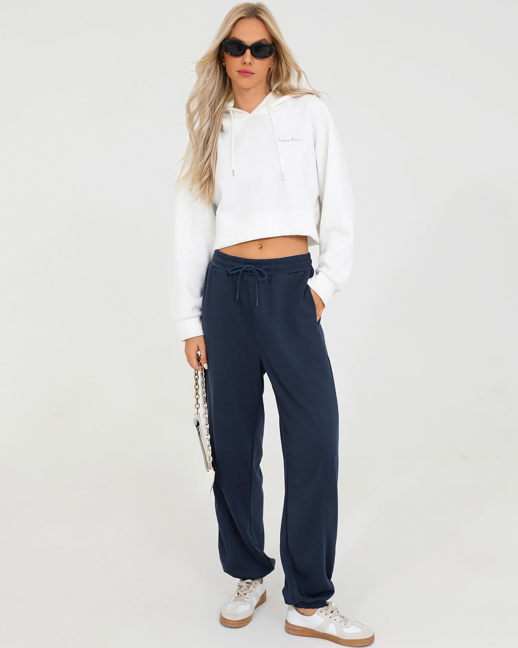 Quenteen Womens Sweatpants Casual High Waist Lightweight Joggers Pants Baggy Lounge Sweat Pants Drawstring Workout Bottoms Navy Blue Small