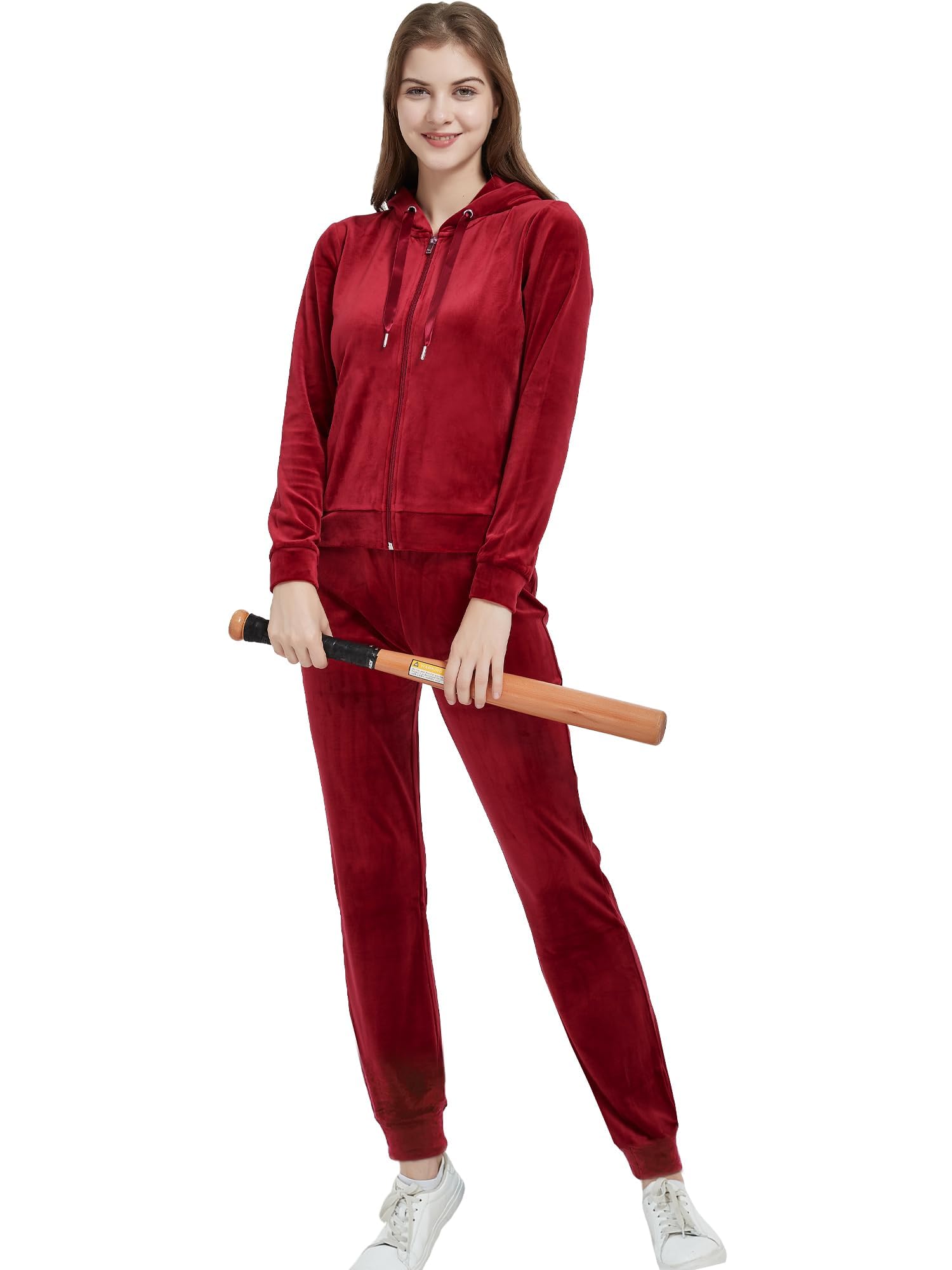 Woolicity Women's Sweatsuits Set 2 Piece Velour Full Zip Hoodie Tracksuits Sportswear with Pocket Red Wine M