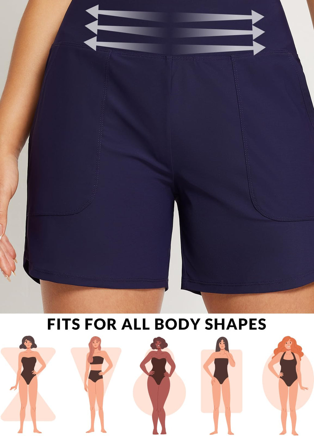 baleaf Women's Swim Shorts Tummy Control Modest Swimsuits Bathing Suit Bottoms 5" Board Shorts Beach Trunks with Pockets Dark Blue L