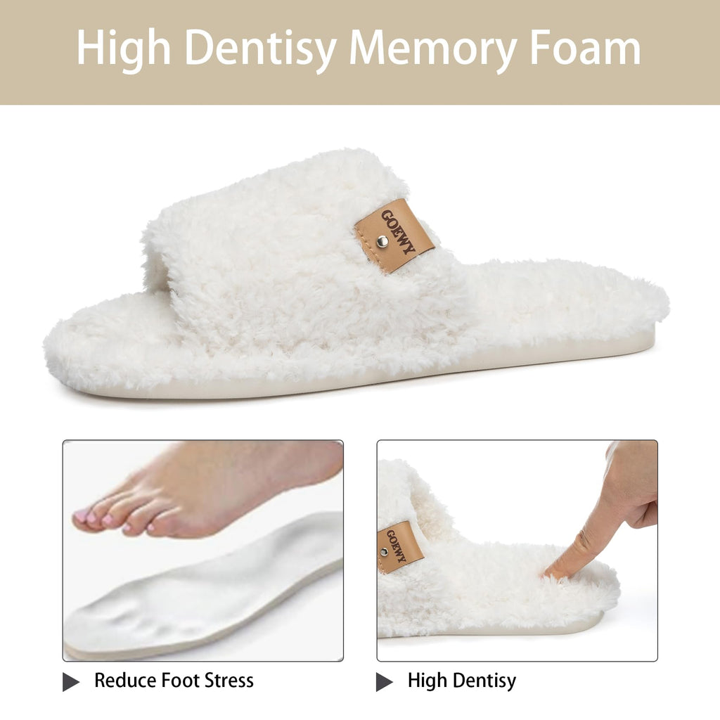 GOEWY Fuzzy Open Toe Slippers for Women Indoor Cozy Memory Foam Slip On House Slides Shoes Gifts for Womens Her Mom