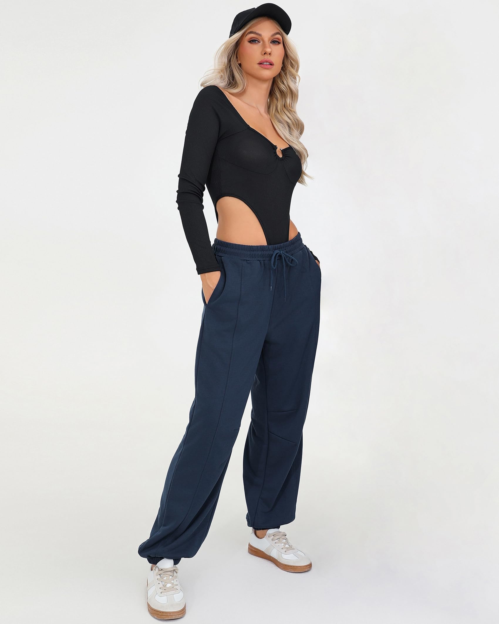 Quenteen Womens Sweatpants Casual High Waist Lightweight Joggers Pants Baggy Lounge Sweat Pants Drawstring Workout Bottoms Navy Blue Small