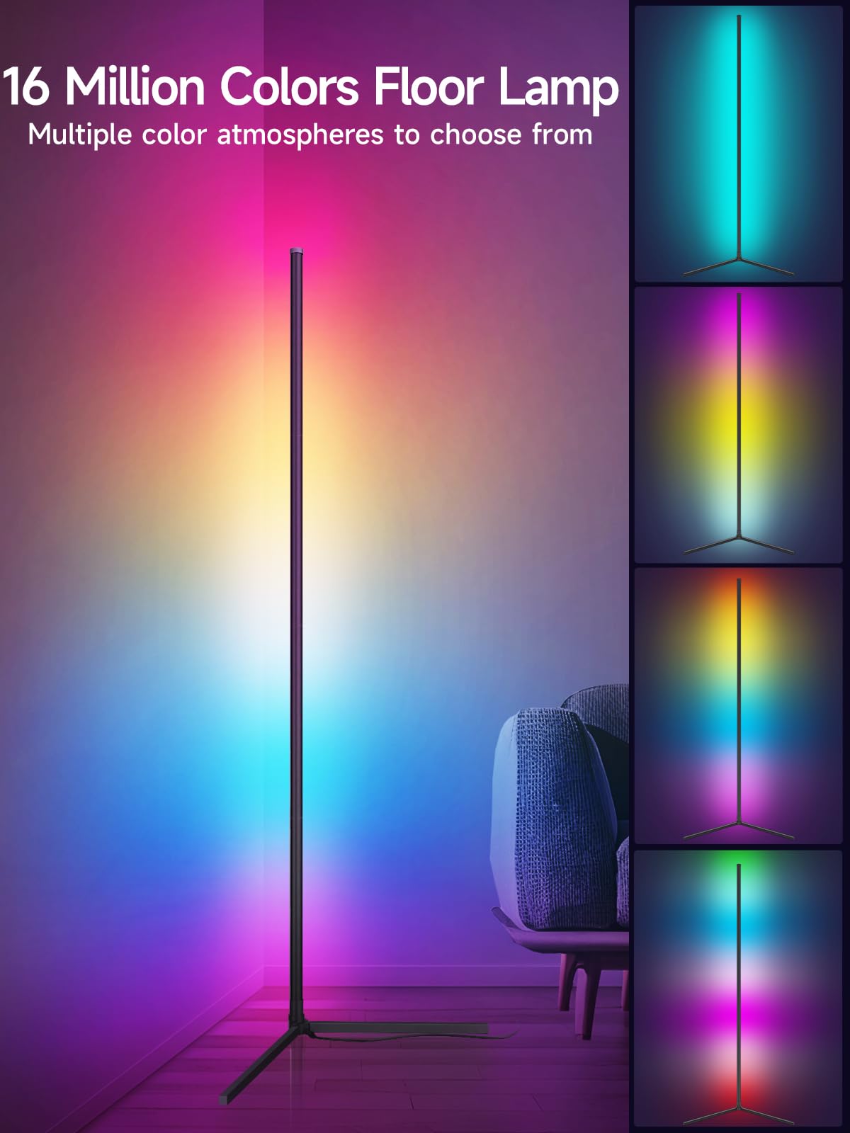 Tyute Corner Floor Lamp, RGB LED Corner Lamp with Music Sync, Smart App and Remote Control Color Changing Ambience Light, LED Lamp with 16 Million Colors for Bedroom, Living Room Gaming Room