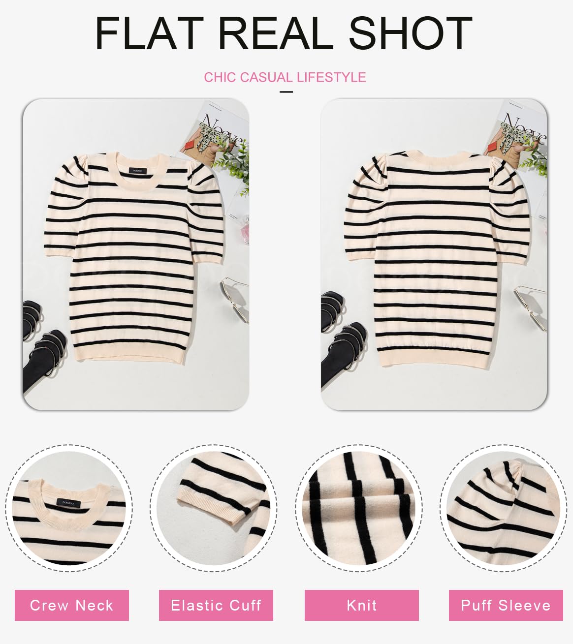 Dokotoo Summer Tops for Women Causal Lightweight Knitted Blouses Short Puff Sleeve Sweaters Causal Striped Tops Crewneck Cute Black Stripe Loose Shirts Medium