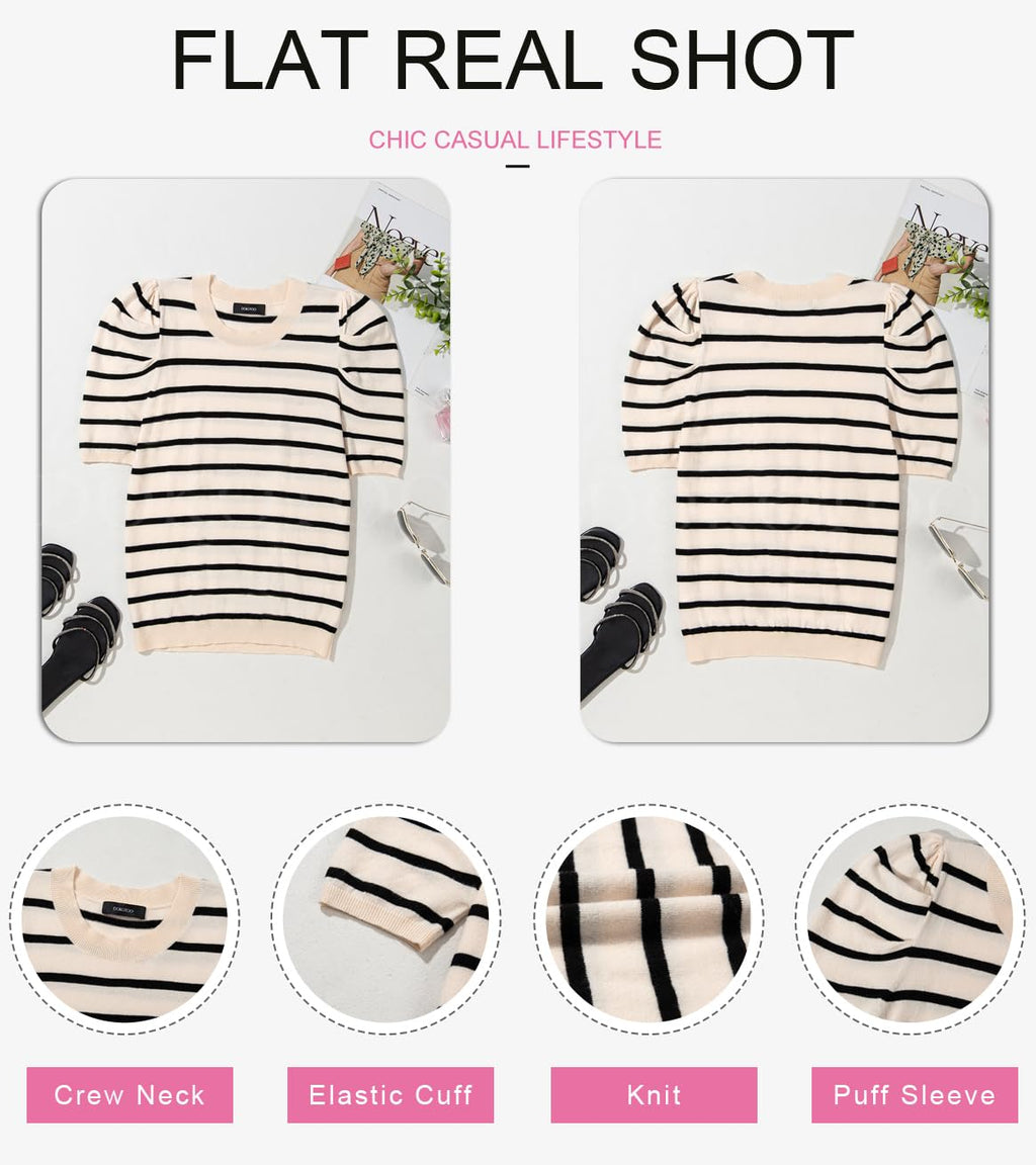 Dokotoo Knit Tops for Women 2025 Trendy Crewneck Casual Black Striped Tops Puff Sleeve Slim Fit Summer Blouses Color Block T Shirts Business Outfits Small