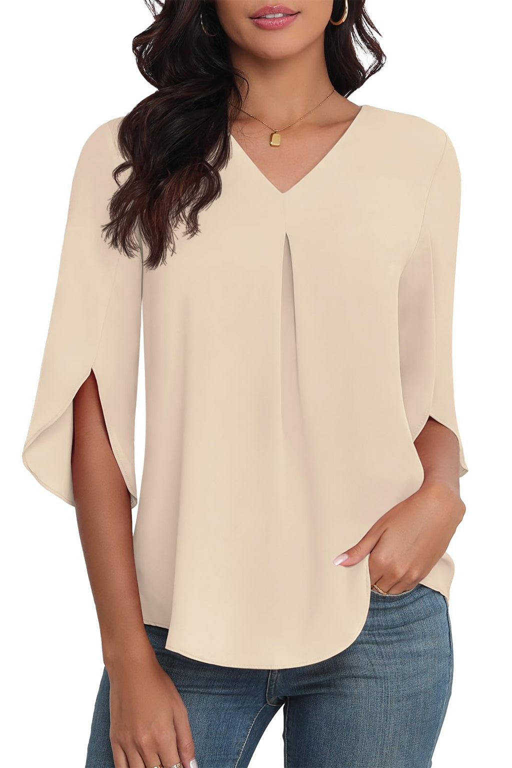 LAOLASI Summer Chiffon Blouses for Women 3/4 Sleeve V Neck Casual Dressy Blouses Work Cute Ladies Tops Shirts,Khaki,XL