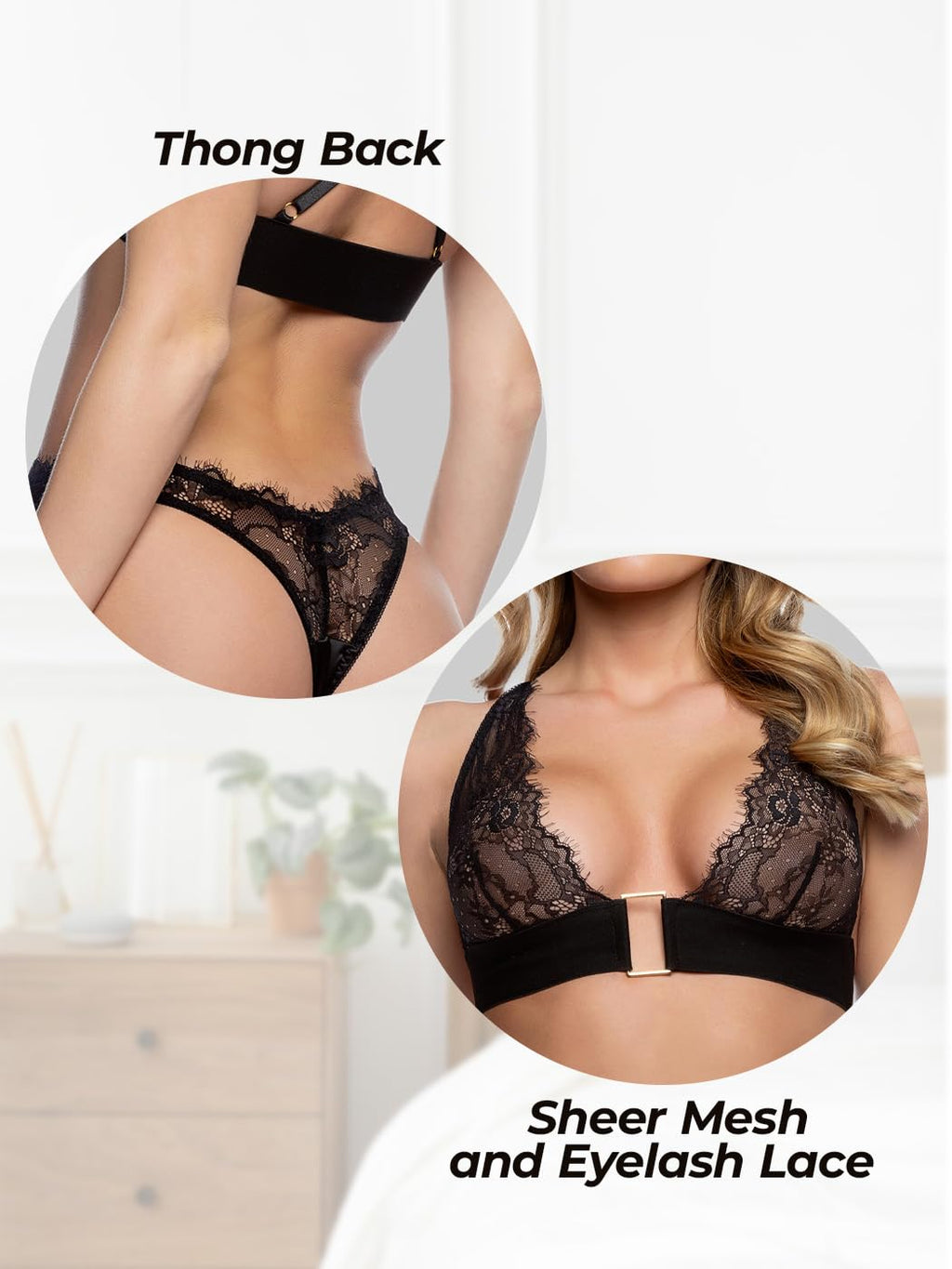 Bra and Panty Sets for Women: Roma Confidential Fever Dream 2 Piece Lace Bralette and Panty in Chantilly Eyelash Lace – Matching Deep Plunge Bra & V-Shape Thong Underwear Sexy Lingerie Set for Women