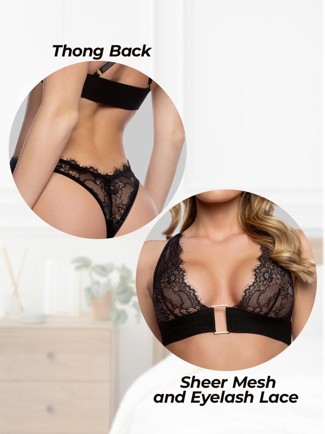 Bra and Panty Sets for Women: Roma Confidential Fever Dream 2 Piece Lace Bralette and Panty in Chantilly Eyelash Lace – Matching Deep Plunge Bra & V-Shape Thong Underwear Sexy Lingerie Set for Women