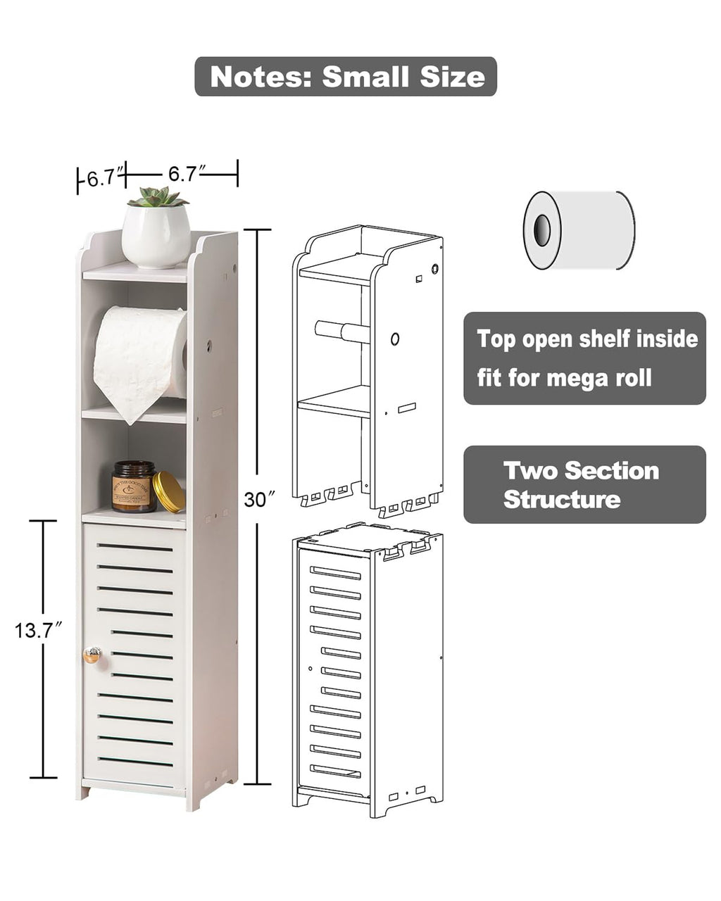 AOJEZOR Toilet Paper Holder Stand: Bathroom Storage Cabinet Beside Toilet for Small Space Bathroom with Toilet Roll Holder - White