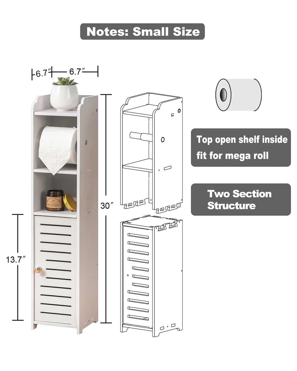 AOJEZOR Toilet Paper Holder Stand: Bathroom Storage Cabinet Beside Toilet for Small Space Bathroom with Toilet Roll Holder - White