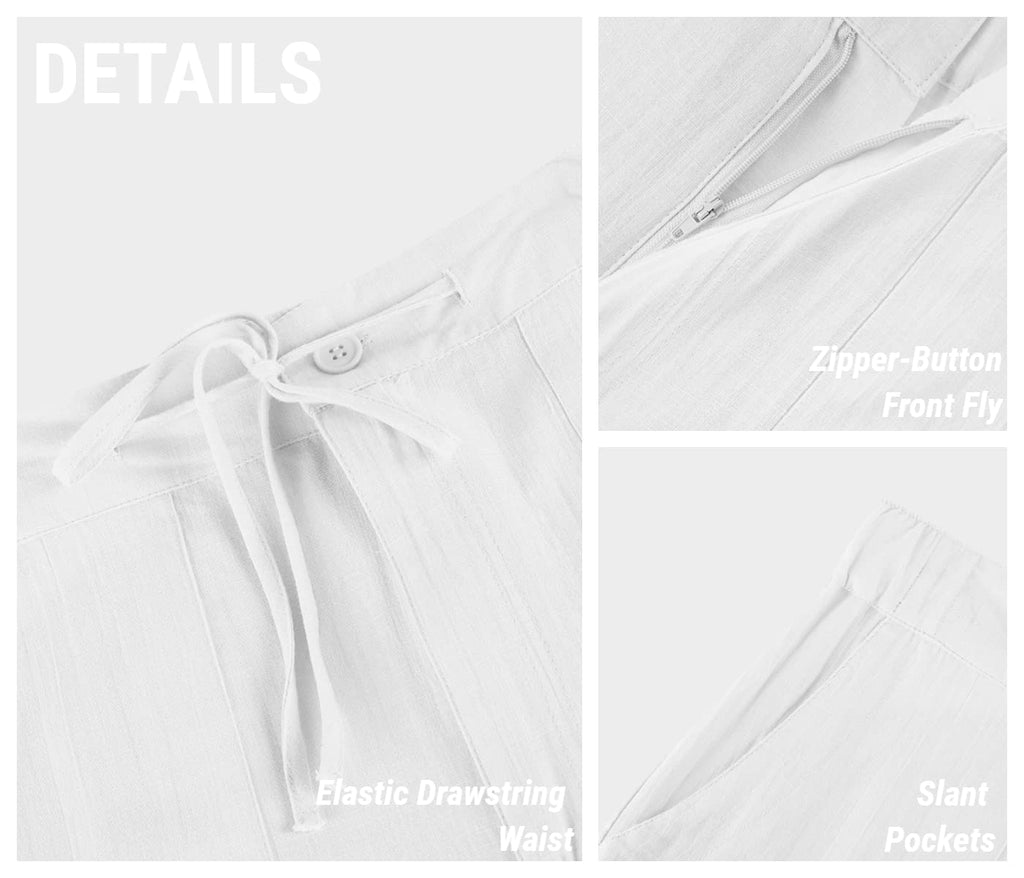 PASLTER Mens Casual Linen Pants Loose Fit Straight-Legs Elastic Drawstring Waist Summer Beach Yoga Long Pants A-White