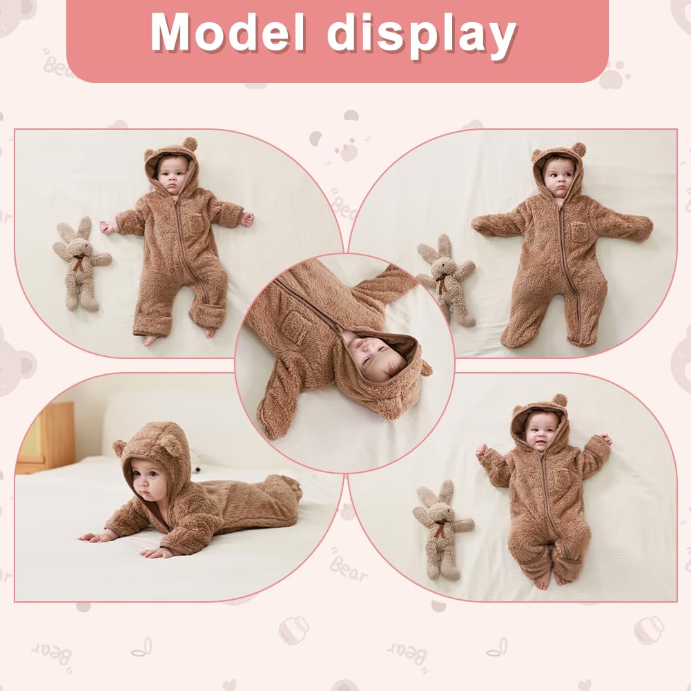 AiWMGL Newborn Baby Bear Outfit Suit With Fold-Over Mittens and Footies Girls Boys 0-3 Months Winter Fleece Clothes Suit Hooded Jumpsuit Romper Snowsuit