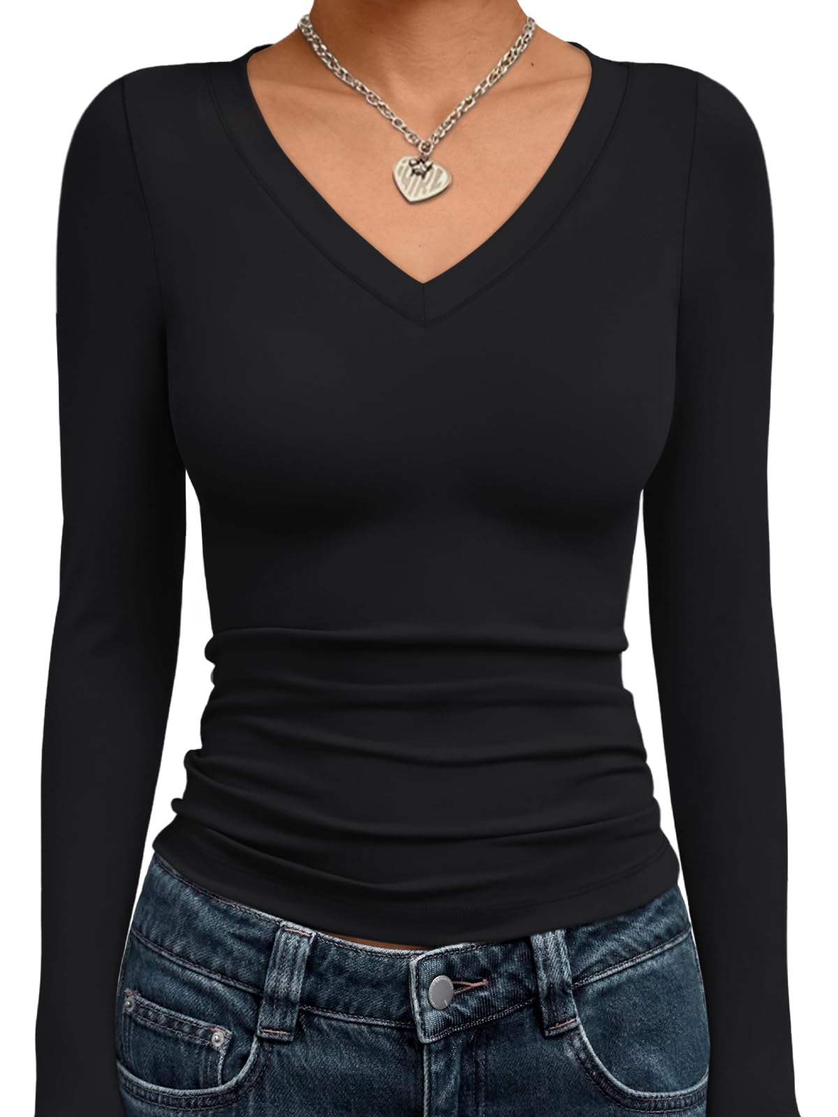 Trendy Queen Long Sleeve Shirts for Women 2025 Early Fall Fashion Crop Tops for Women V Neck Casual Basics Slim Fitted Y2K Cute Dress Tops Outfits Clothes Blouses Black M